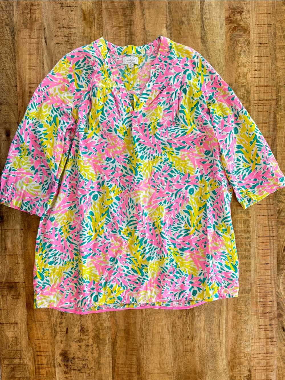 Mud Pie Tropical Floral Tunic Dress Cover Up Pink Teal Yellow Size M - Picture 1 of 6